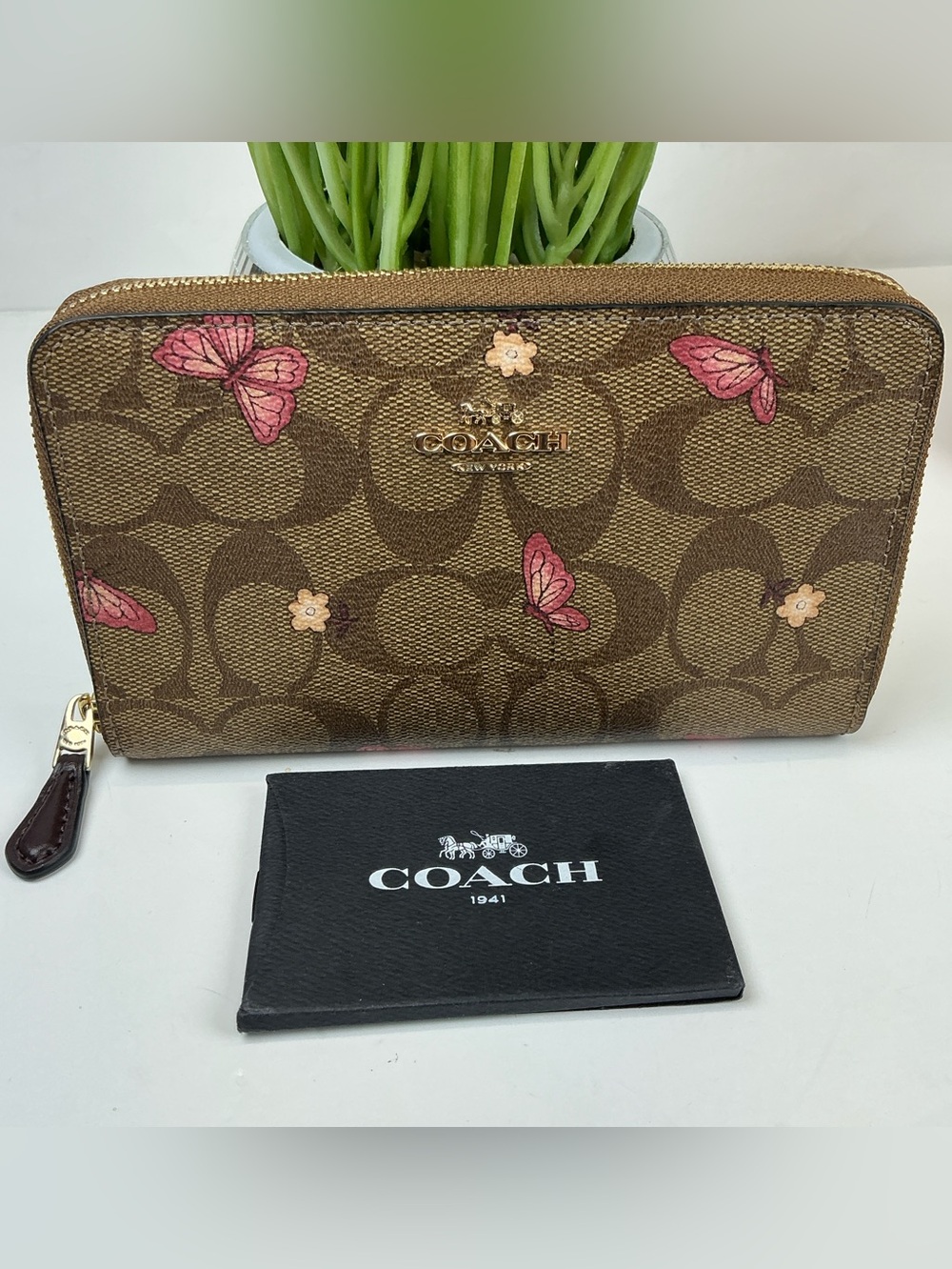Coach Brown Signature Canvas Wallet with Pink Butterflies Accents